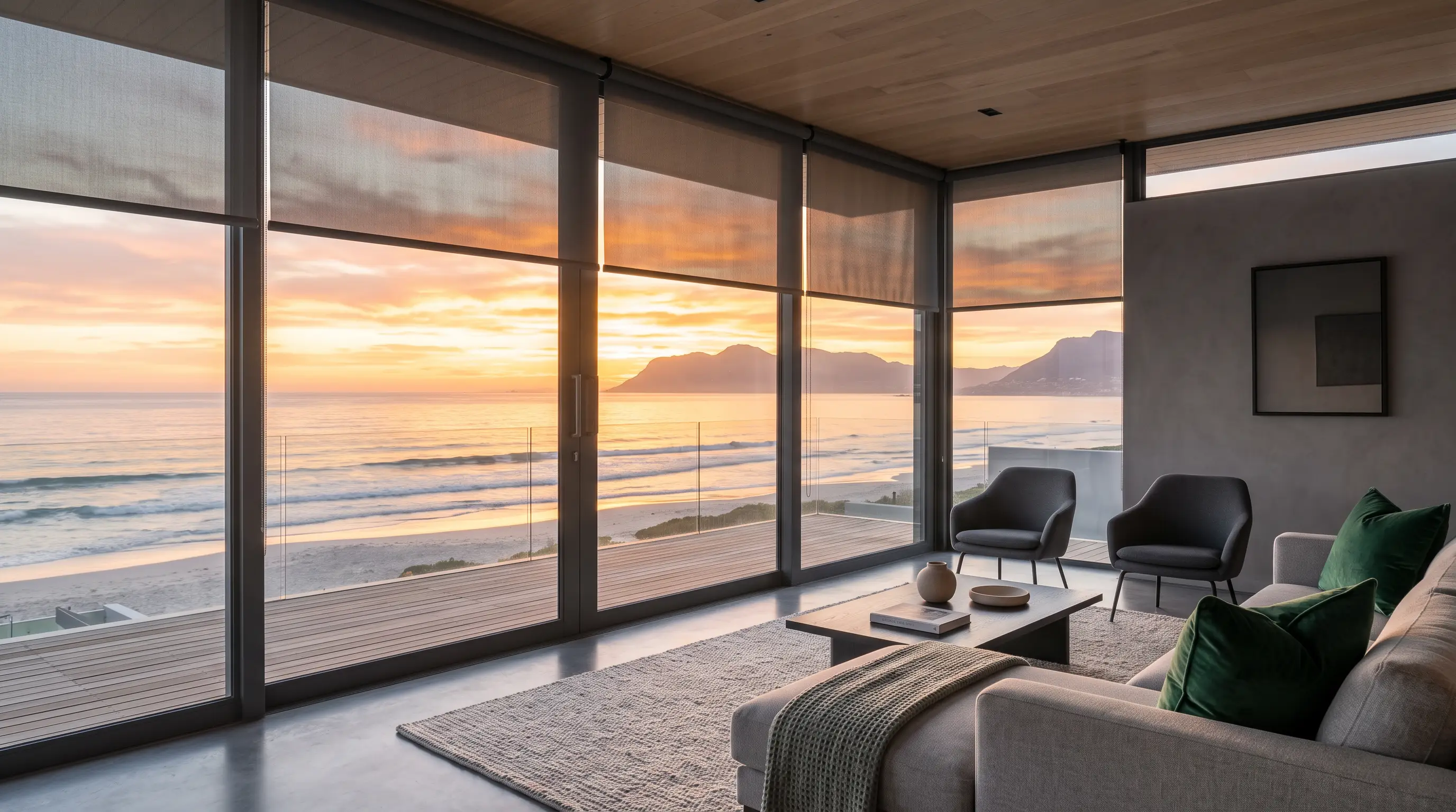 Flat sunscreen roller blinds raised partway across floor-to-ceiling windows in a beachfront Sunset Beach lounge, framing an ocean sunset view with a couple of armchairs and green-cushioned sofa